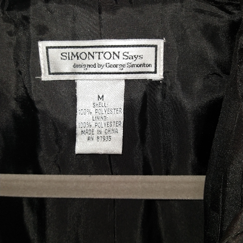 George Simonton black trench coat rectangle embossed design with shoulder pads - Picture 3 of 5